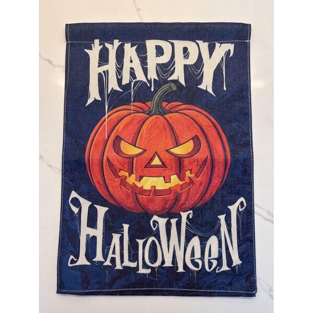 Spooky Halloween Garden Flag / Wall Hanging Jack-O-Lantern Burlap Goth Angry